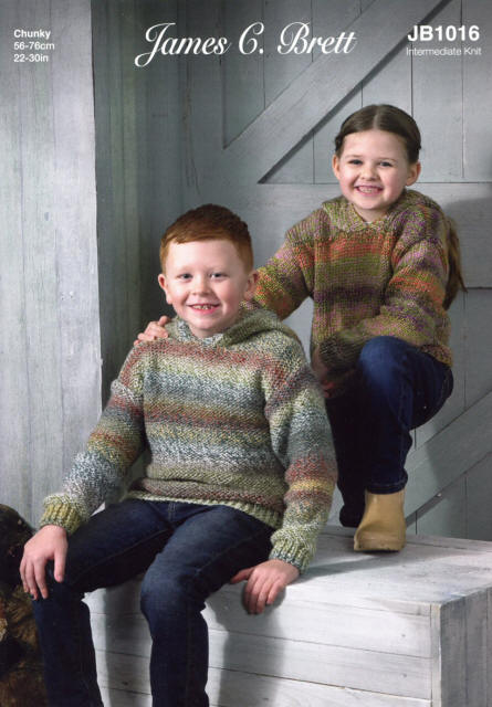 Colour shown for long Boys Hooded Sweater in Reverse Stocking Stitch is Shade MC107. Colour shown for Shorter Girls Hooded Sweater in Stocking Stitch is MC127 Soft Summer.
