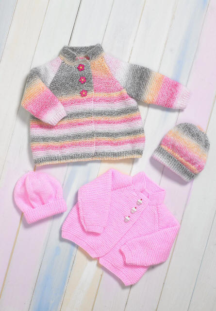 Babies Jacket, Cardigan and Hats. Colours shown are shades BB06 and BM44