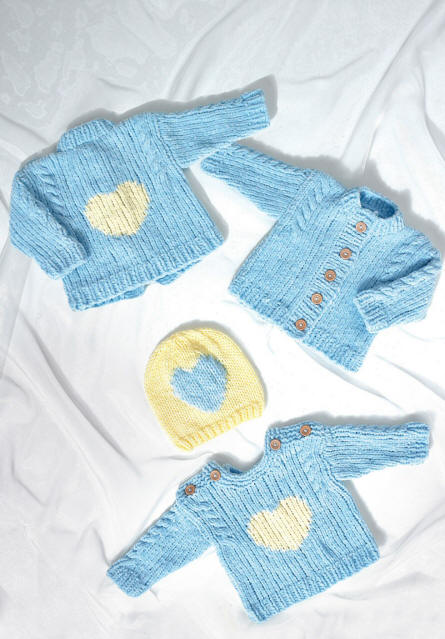 Picture shows back of Cardigan with Heart Motif, Front of cardigan, hat with heart motif and front of Sweater with heart motif.