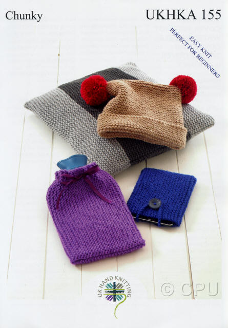 Knitted Cushion Cover, Hat, Hot Water Bottle Cover and Tablet Cover