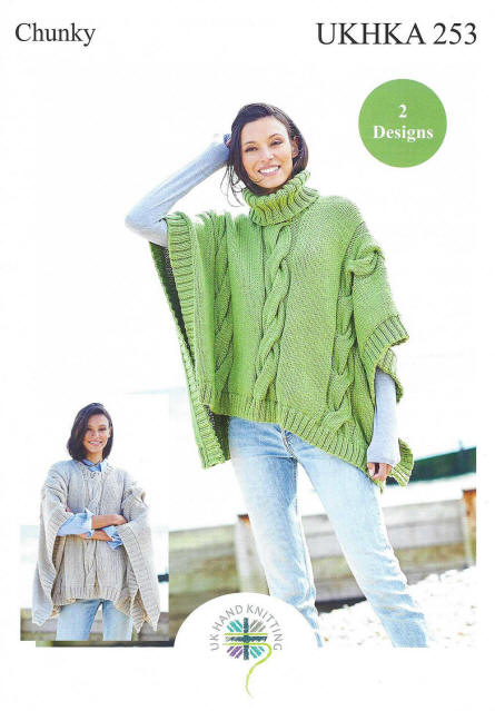Knitted Round Neck Ponch in Stone colour and Knitted Cowl Neck Poncho in Green colour