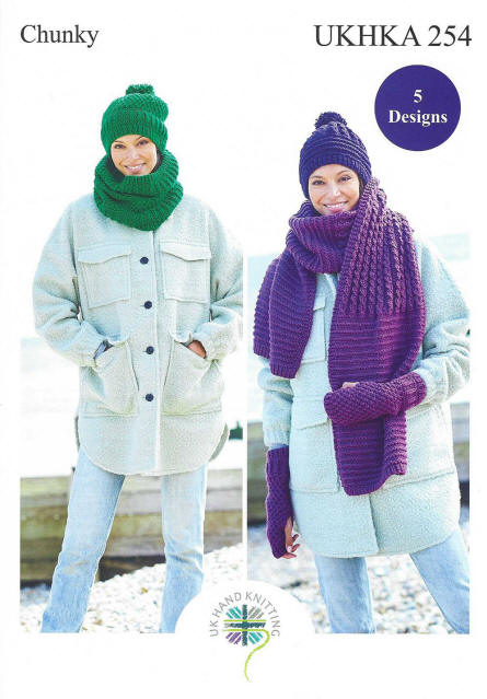 Knitted Slouchy Hat, Snood, Wristwarmers, Mock Cable Hat and Scarf for Adults
