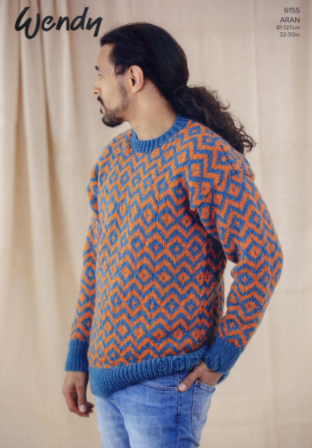 Knitted Mens Sweater - Colours shown on Mens picture are Cerulean (5516) and Kumquat (5507)