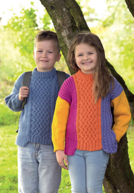 Knitted Childrens Sweater - Colours shown are Denim (SA36) for the plain sweater and Pumpkin (SA24), Lavender (SA06), Raspberry (SA12) and Sunshine (SA22) for the multi coloured sweater