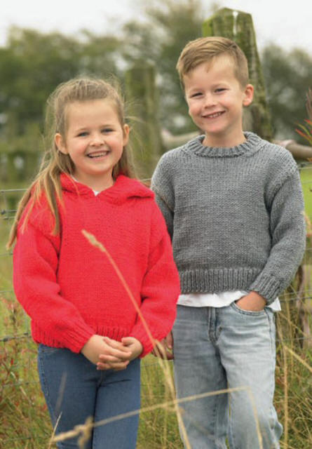 Knitted Childrens Round Neck Sweater and Hooded Sweater - Colours shown are Mid Grey (SK39) and Red (SK15)